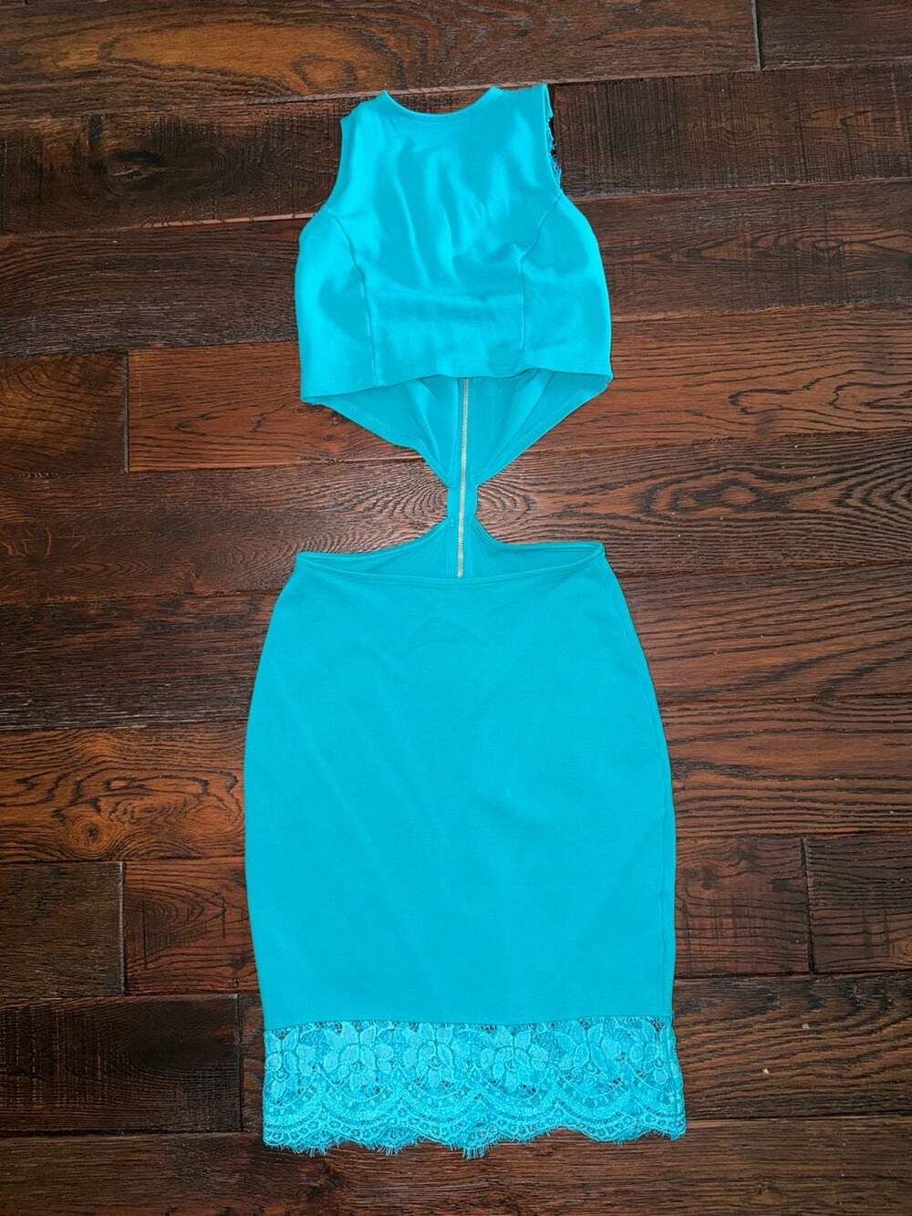 Charlotte Russe Turquoise Cut-Out Mini Dress with Lace Trim
